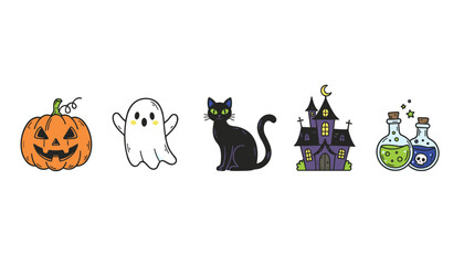 Fototapeta premium Row of classic colorful halloween icons featuring a jack o lantern, friendly ghost, black cat, haunted house, and potions.