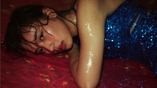Woman wearing blue sequin dress lies on red.