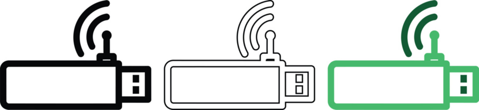 Wireless usb adapter modem icon in black outline and green solid color for smart network connection.