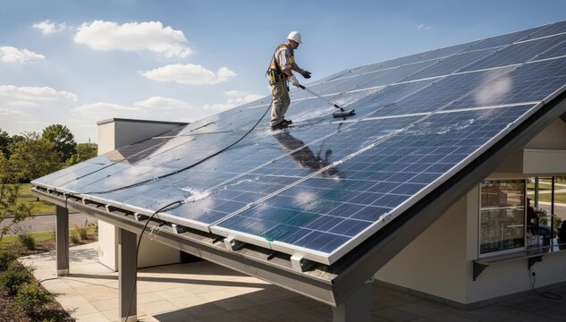 Medium shot capturing a maintenance worker cleaning solar panels on a concession roof bright daytime setting highlighting renewable energy commitment.