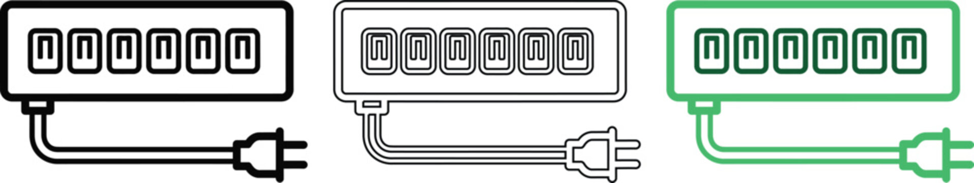 Power strip with multiple sockets, extension cord, electricity distribution, energy supply, icon.