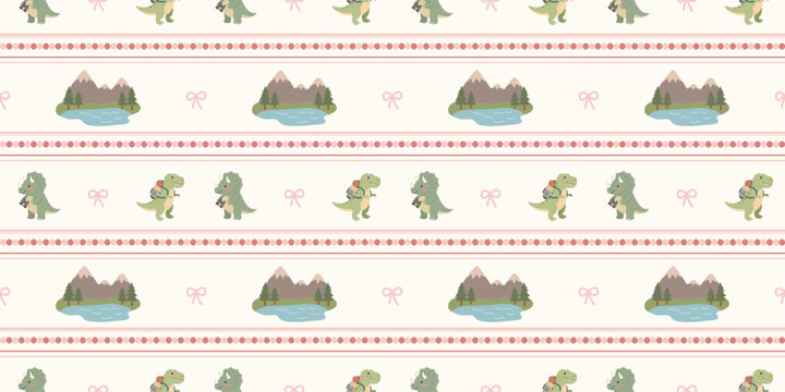 cute green dinosaur and mountain landscape pattern with pastel colors and simple shapes for fabric or wallpaper design