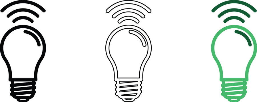 Smart bulb vector icon set in outline, flat, and line style for web or application.
