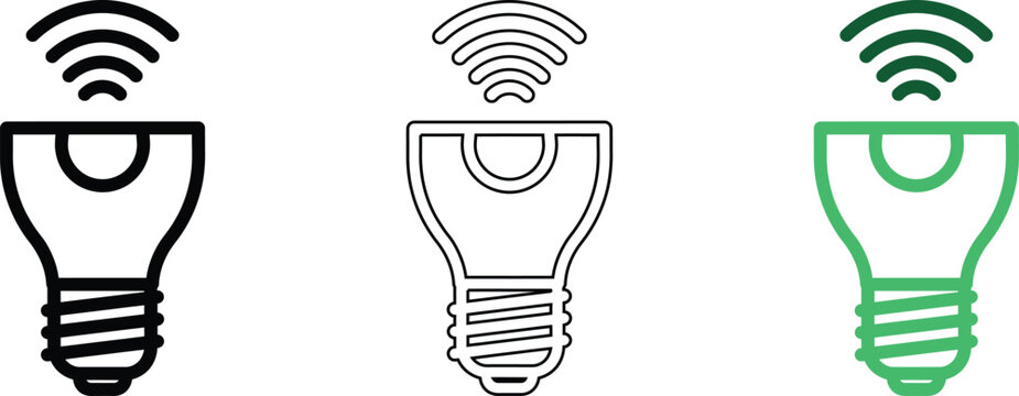 Smart light bulb icon in three styles. modern line art, solid, and filled outline styles.