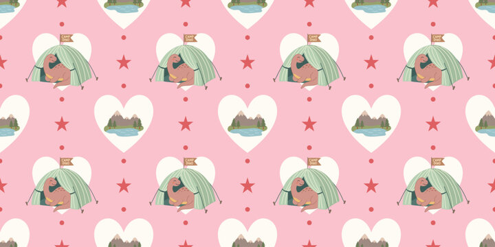 seamless pattern with green haired woman mountain lake hearts and stars pink background