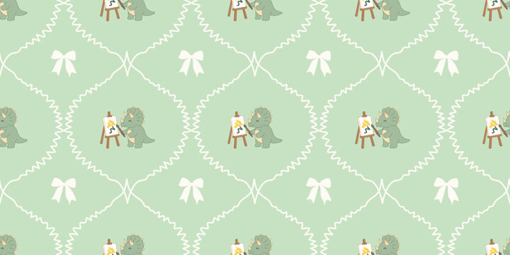 seamless pattern with artist easel silhouette and white bows on green background repeating design