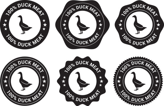 Vector badges and labels, black, "100% DUCK MEAT" text, duck silhouette, ideal for food product packaging, natural meat branding, and quality.