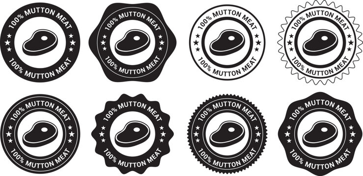 Eight black and white vector labels for 100% mutton meat, lamb chop icon and text, ideal for food packaging, branding, quality assurance, diverse decorative edges.