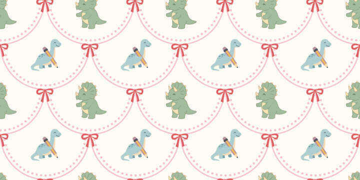 cute cartoon dinosaurs with pink decorative bows seamless pattern background
