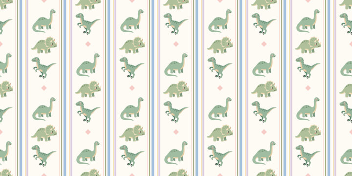 cute green dinosaur patterns with vertical stripes and small pink details on white background for kids decor