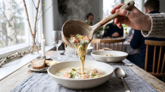 Creamy salmon chowder ladled into rustic bowl during cozy family dining in Scandinavian inspired home