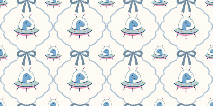 cute blue bird with grey ribbon seamless pattern on beige background