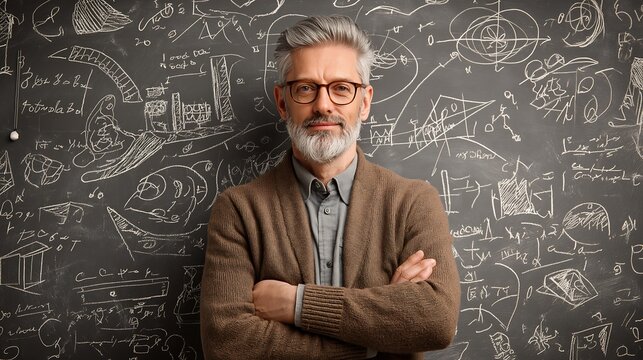 Businessman stands before a complex chalkboard.