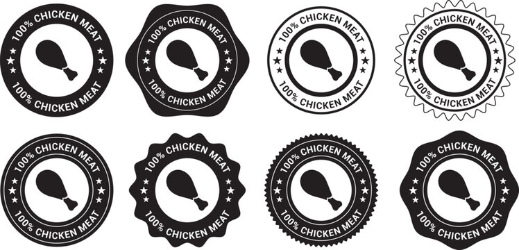 Eight black and white vector labels for 100% chicken meat, drumstick icon and text, ideal for food packaging, branding, quality assurance, diverse decorative edges.