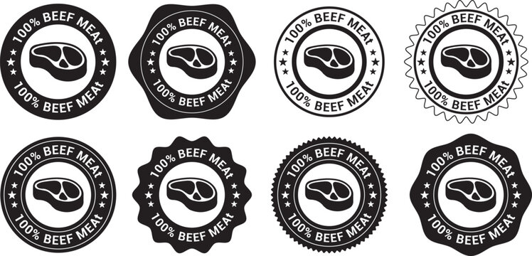 Eight black and white vector labels for 100% beef meat, steak icon and text, ideal for food packaging, branding, quality assurance, diverse decorative edges.
