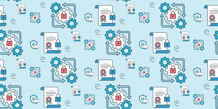 seamless pattern of blue and white document icons with gears and secure lock symbols on light blue background for technology and security use
