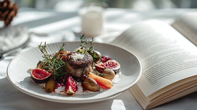 Gourmet meal sits beside an open read book.