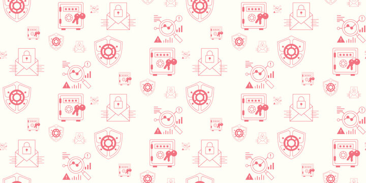 seamless pattern of red cyber security icons on light background with shield envelope lock and alert symbols for technology use