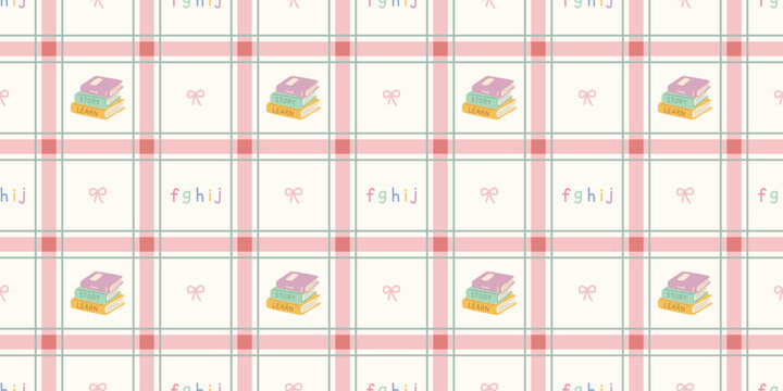 pastel plaid pattern with colorful sewing related icons soft lines and symmetrical grid design textile background