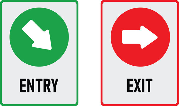 Green 'ENTRY' sign with a diagonal arrow and red 'EXIT' sign with a horizontal arrow, ideal for public spaces, events, building navigation.