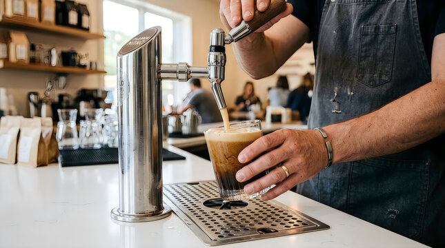 Barista pouring nitro cold brew coffee. Professional server dispensing iced draft beverage.