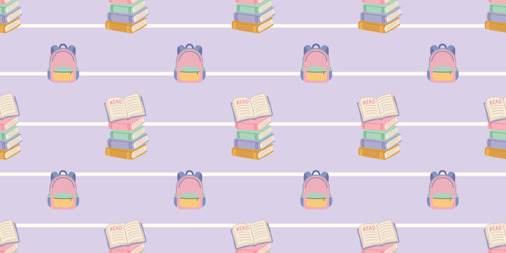 colorful school backpacks and stacked books with open books seamless pattern on light purple background