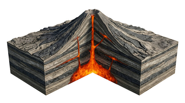 Cross section of an active volcano erupting with magma isolated on a white background