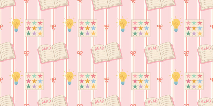 education themed seamless pattern with open books light bulbs and colorful stars on pastel pink stripes