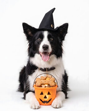 Border Collie wearing a black witch hat, in front of him is an orange plastic bucket shaped like a pumpkin with many dog biscuits on a white background.