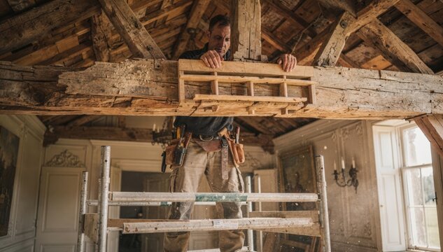 Restoration specialist replaces weathered roof beams in a manor house emphasizing the preservation of heritage joinery techniques with a softly blurred elegant interior in the