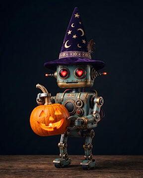 Cute retro robot with heart-shaped red eyes, wearing a witch's hat, holding a pumpkin against a dark background.