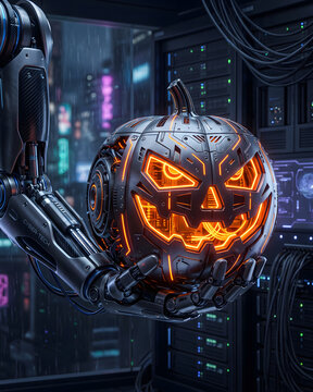 Cybernetic pumpkin with glowing neural networks, held by a high-tech robotic hand.