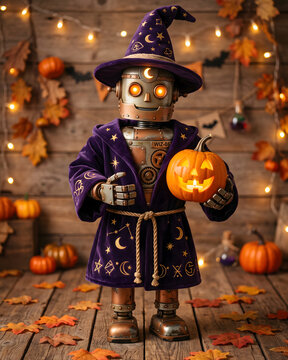 Cute retro robot with heart-shaped red eyes, wearing a witch's hat, holding a pumpkin.