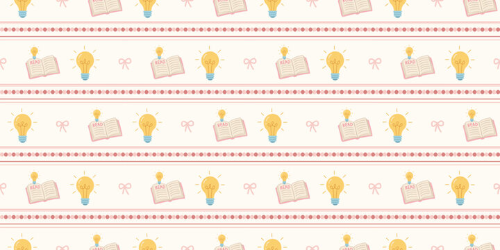 light bulb and book seamless pattern with pink and red decorative elements on white background