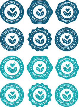 Vector badges and labels in blue and teal, "SENSITIVE SKIN" text, heart, feathers, ideal for hypoallergenic product packaging, gentle cosmetic branding.