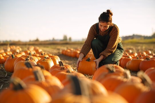 Woman farmer crouching in field harvesting organic pumpkin. Agricultural worker picking ripe orange vegetable for thanksgiving holiday. Autumn seasonal harvest concept in countryside.