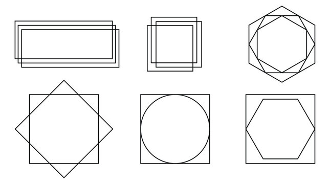 Black Line Geometric Frame Collection, Minimalist Outline Border Set for Wedding Invitations on White Background