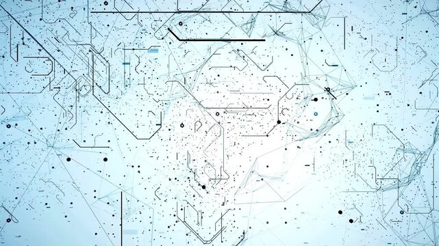 Abstract world map circuit board animation with digital lines, dots, and squares connecting, showing global communication network and big data stream over light blue background.