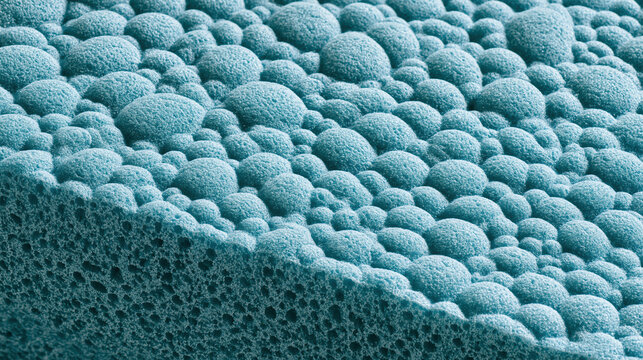 Close up of blue porous foam texture with a bumpy bubble pattern