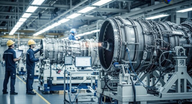 Jet engine testing bays adjacent to the assembly line where engines undergo preliminary functional inspections prior to final installation on aircraft.