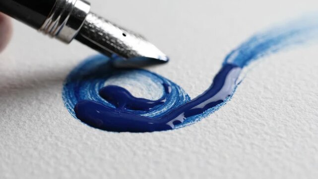 Fountain pen blue ink handwriting calligraphy art creativity swirl macro nib paper closeup texture drawing stationery tool classic vintage fluid