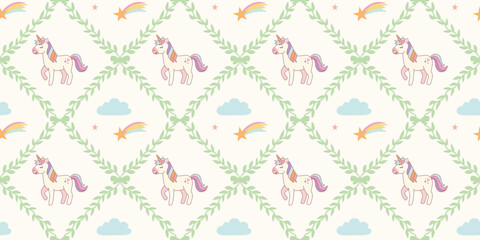 cute unicorn pattern with purple mane green leaves blue clouds and orange stars seamless design for kids © Micro Design-id