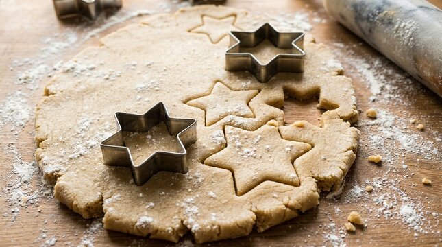 Delicious close up of raw cookie dough with star shaped cutters ready for baking