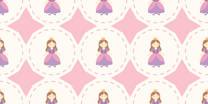 cute princess pattern with pink background and decorative white hearts seamless design for kids