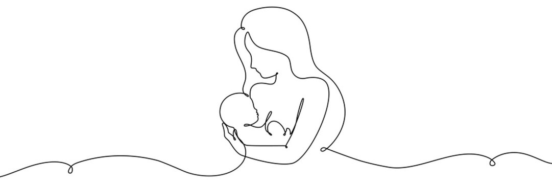 Mother breastfeeding newborn baby in continuous line art style. Minimalist one-line drawing captures intimate bonding moment between woman and infant with elegant simplicity.