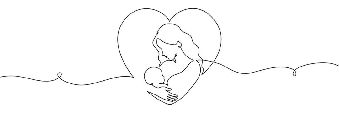 Single continuous outline captures nursing moment between mom and newborn. Minimalist sketch icon depicts maternal bond with elegant flowing contour for lactation awareness campaign or medical use.