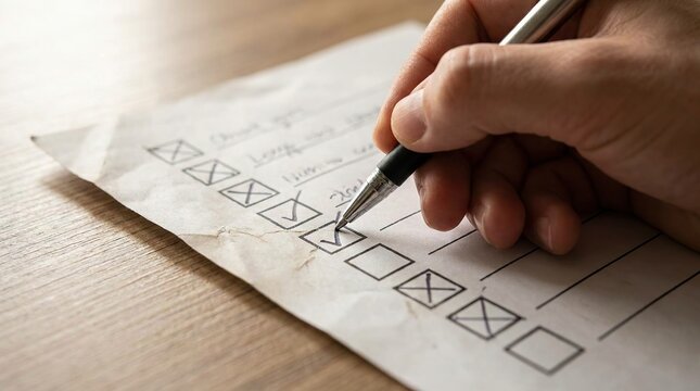 Hand marking off goals on a checklist with a pen on wooden table with checklist using