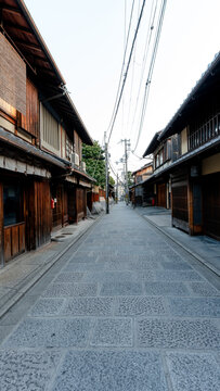 Empty street in Gion district with machiyas in Kyoto