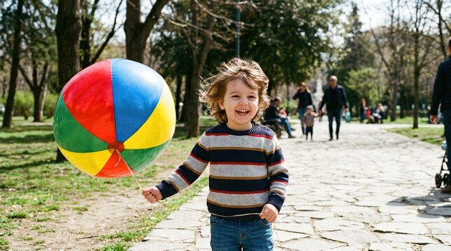 Child joyfully playing outdoors with a colorful beach ball in a park setting