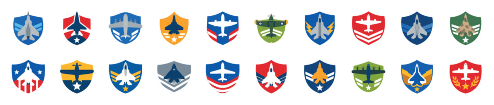 Diverse collection of military air force badges featuring various fighter jets, bombers, and propeller planes on colorful shield-shaped emblems with patriotic symbols